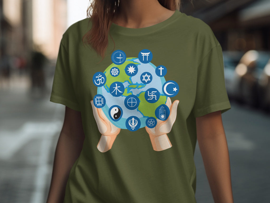 T-shirt with diverse religious and spiritual symbols surrounding a globe held by two hands.