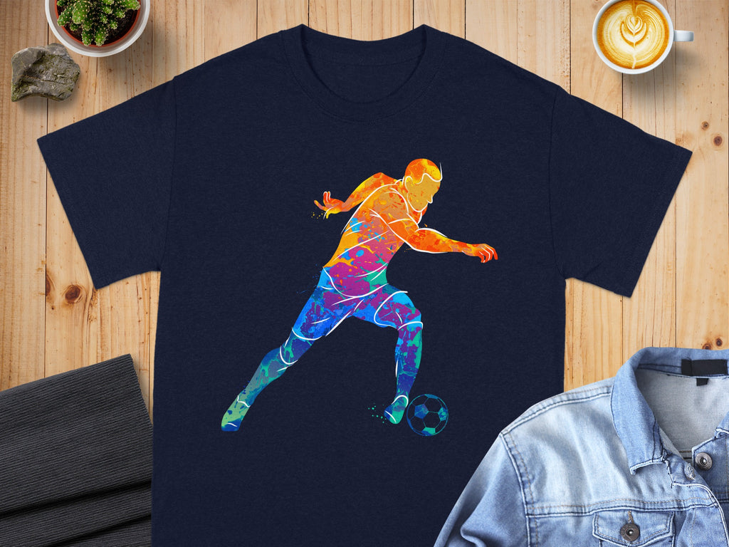 Navy t-shirt with a colorful watercolor soccer player graphic.