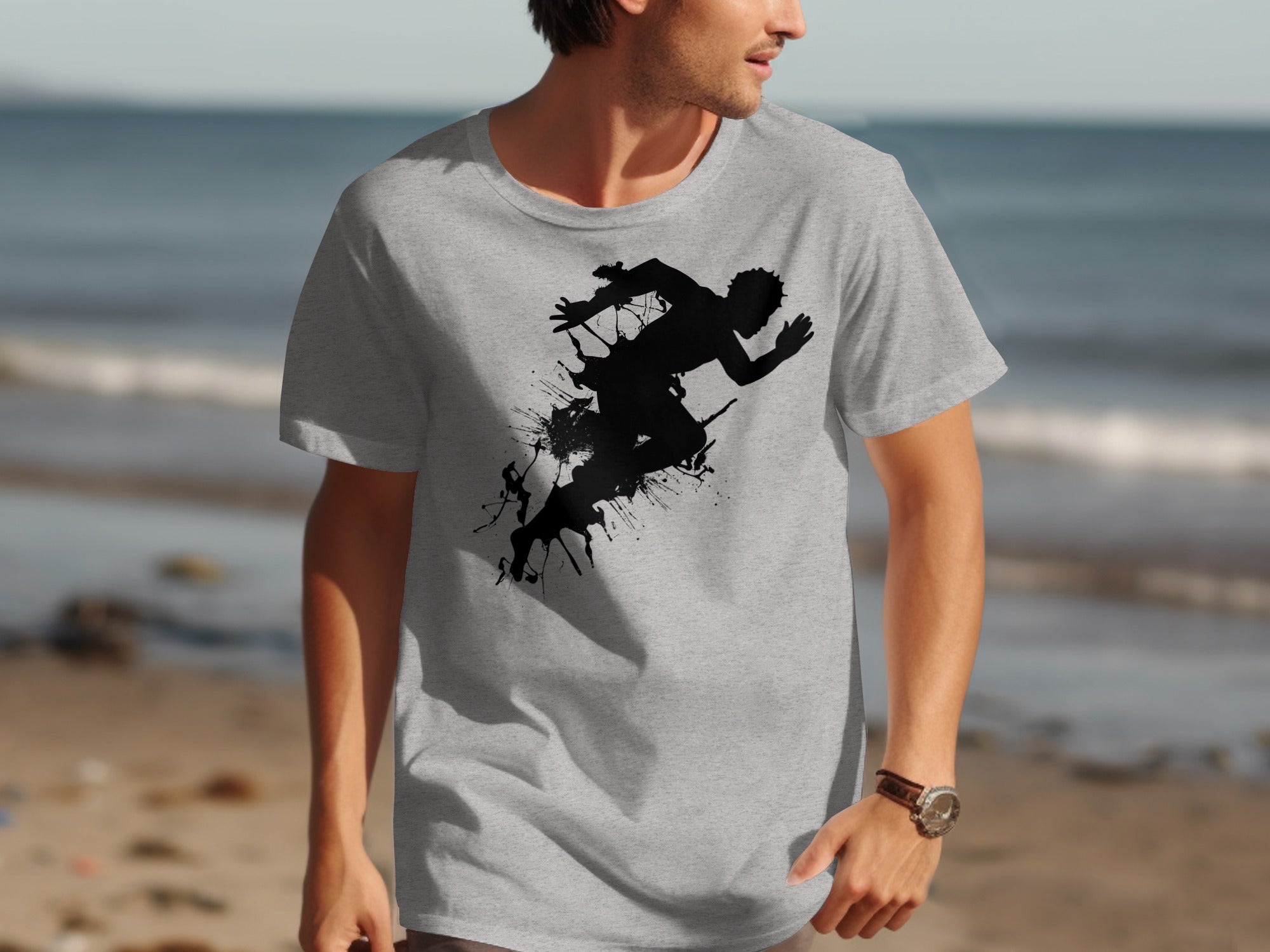 Grey t-shirt with black abstract running figure graphic.