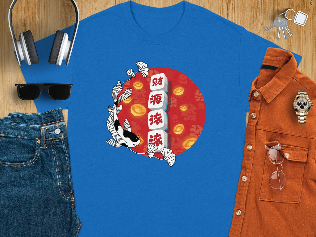 Blue t-shirt with koi fish, mahjong tiles, and gold coins design.