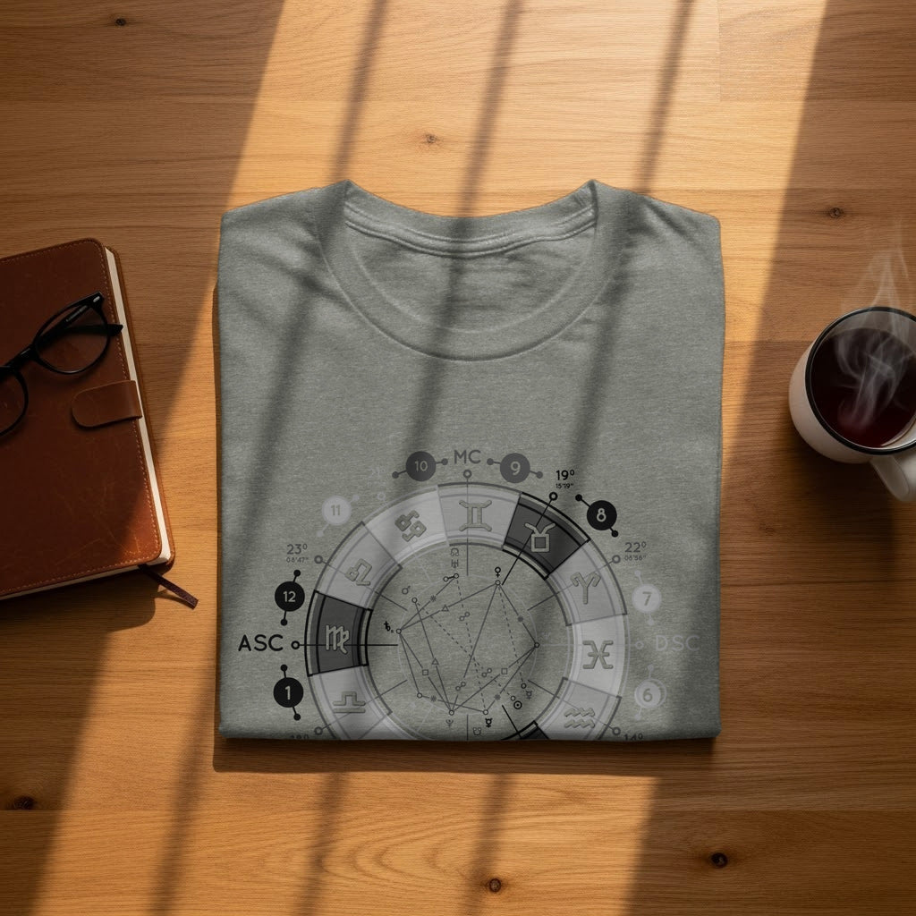 Grey t-shirt with astrological chart print on a wooden table.
