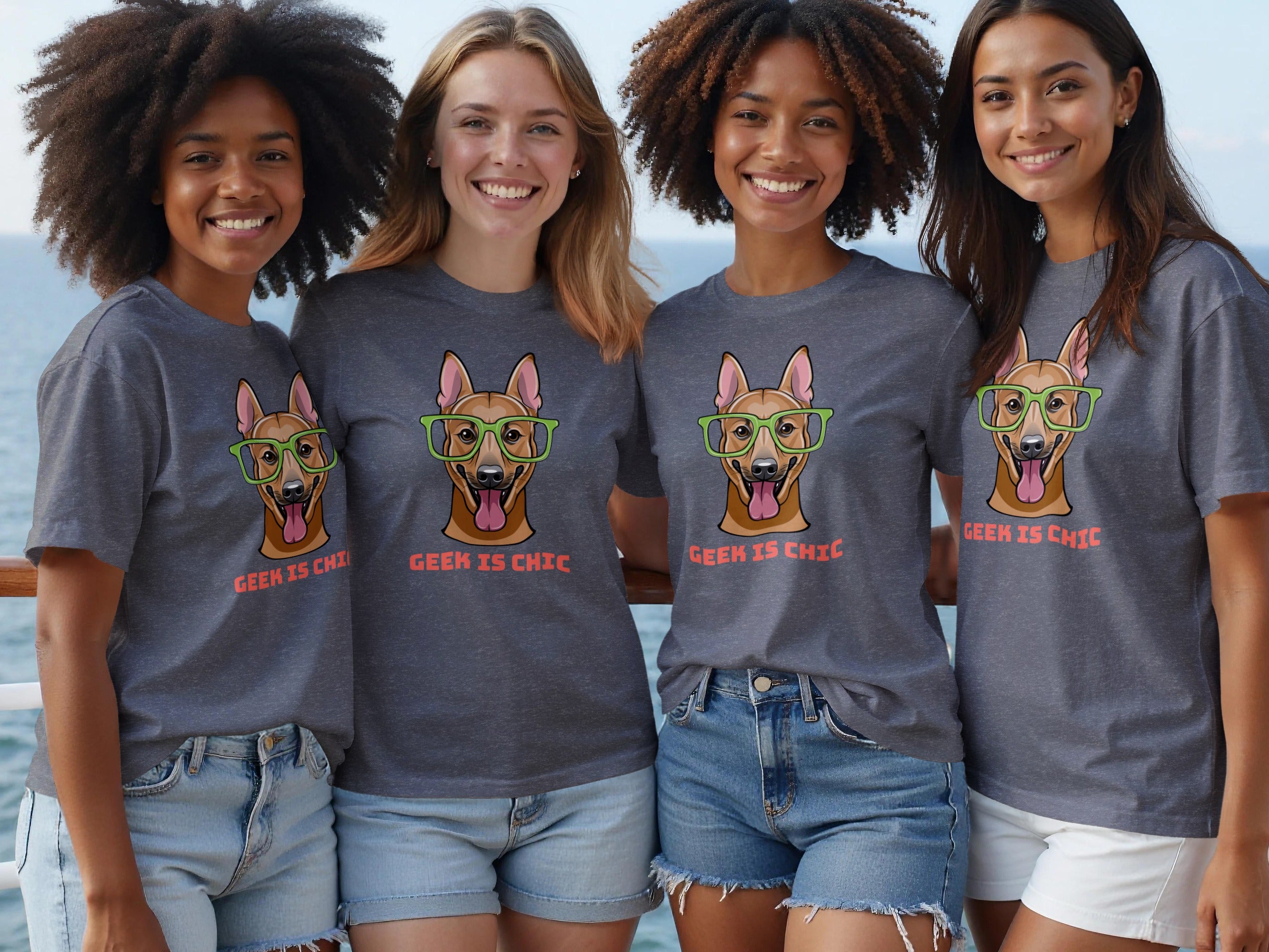 Four models wearing gray t-shirts with a dog wearing glasses and the text "GEEK IS CHIC."