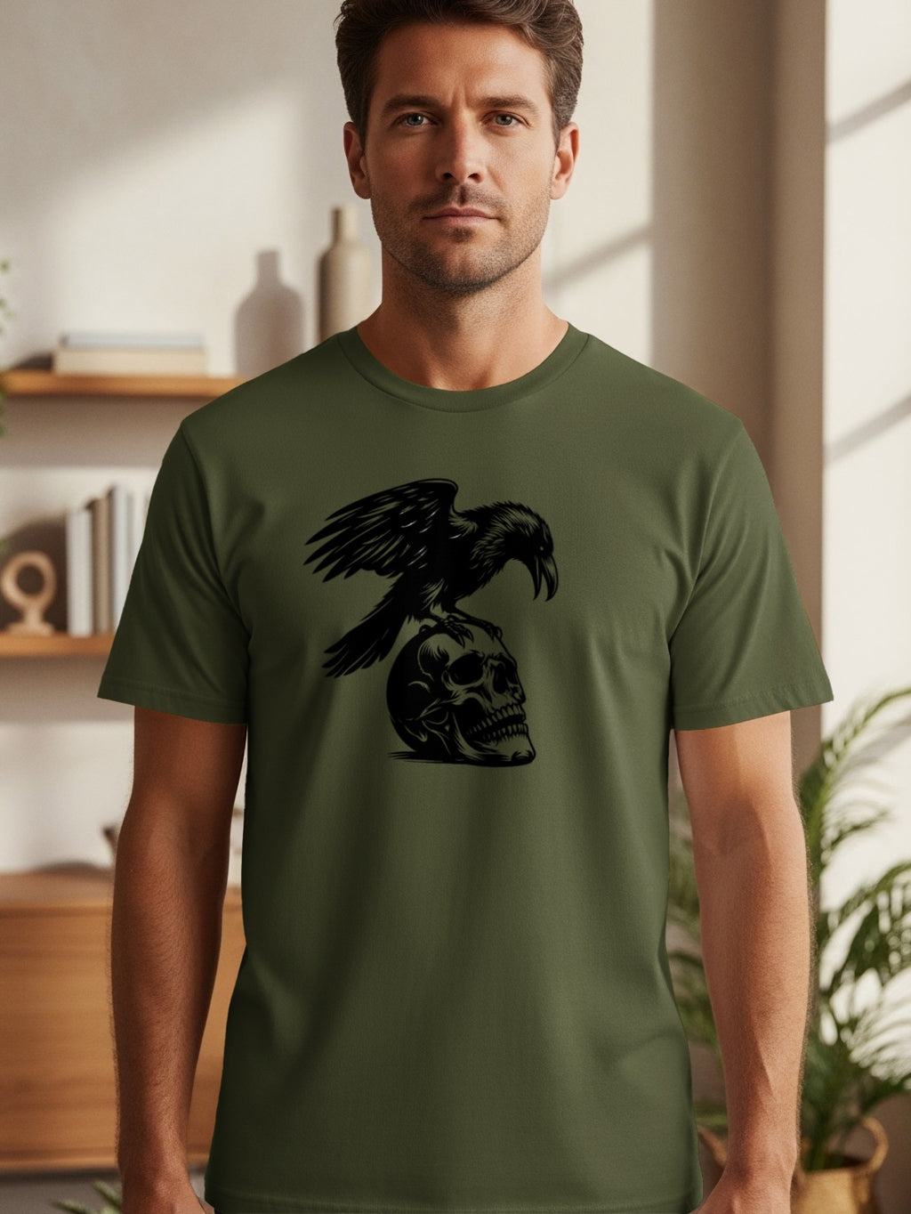 Men's green t-shirt with black crow perched on a skull graphic.