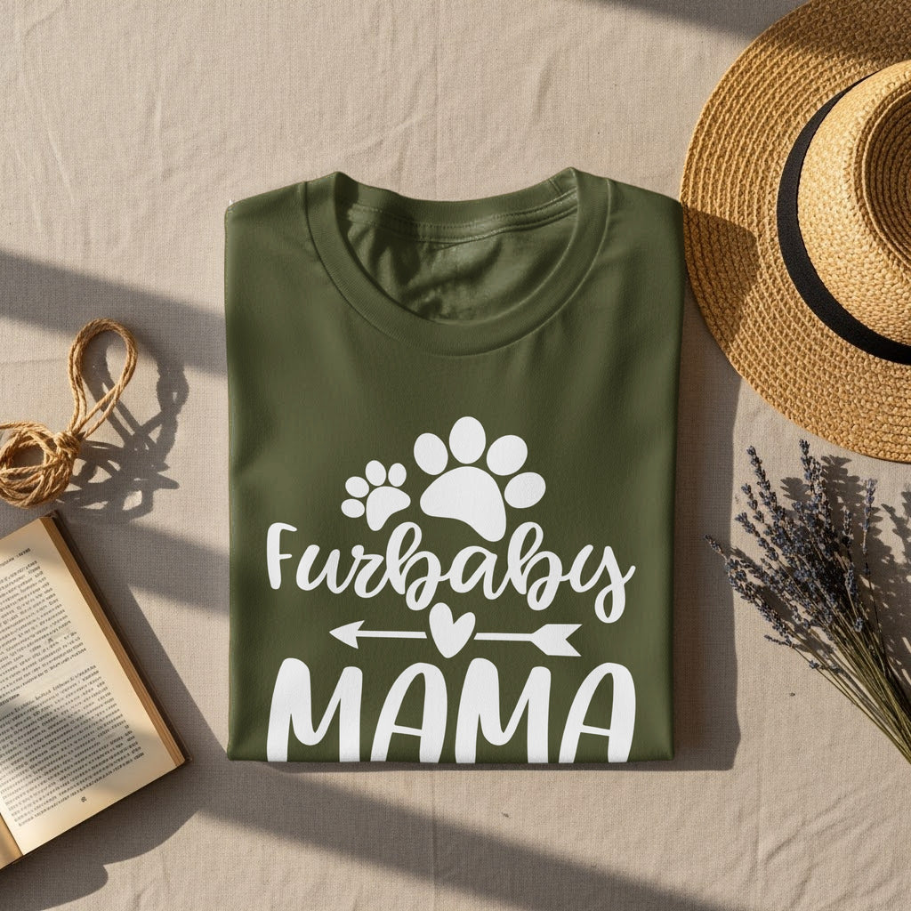 Olive green t-shirt with white text "Furbaby MAMA" and paw prints.