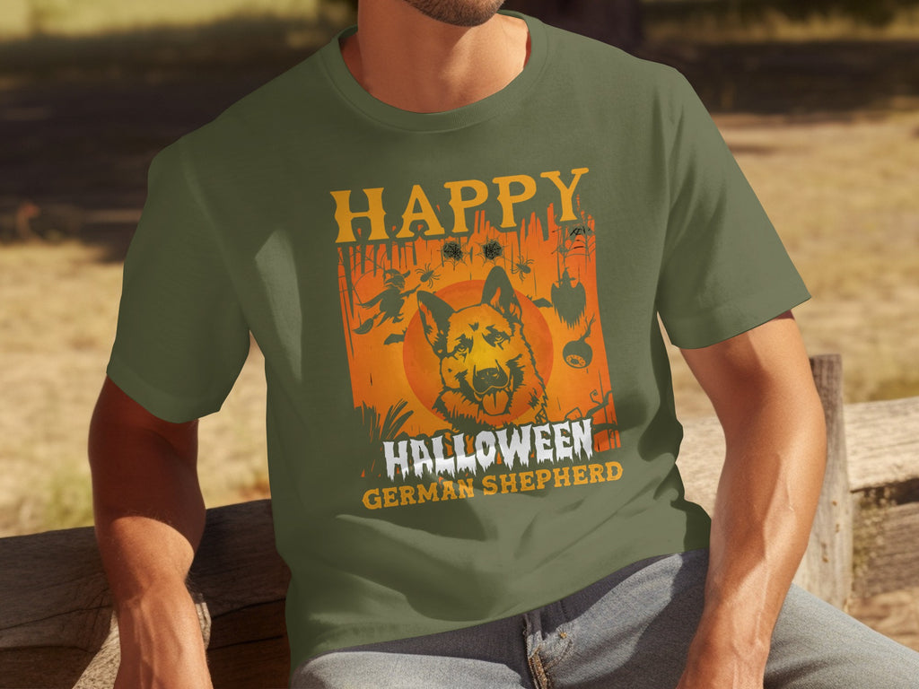 Green t-shirt with "Happy Halloween German Shepherd" graphic featuring a dog and spooky elements.