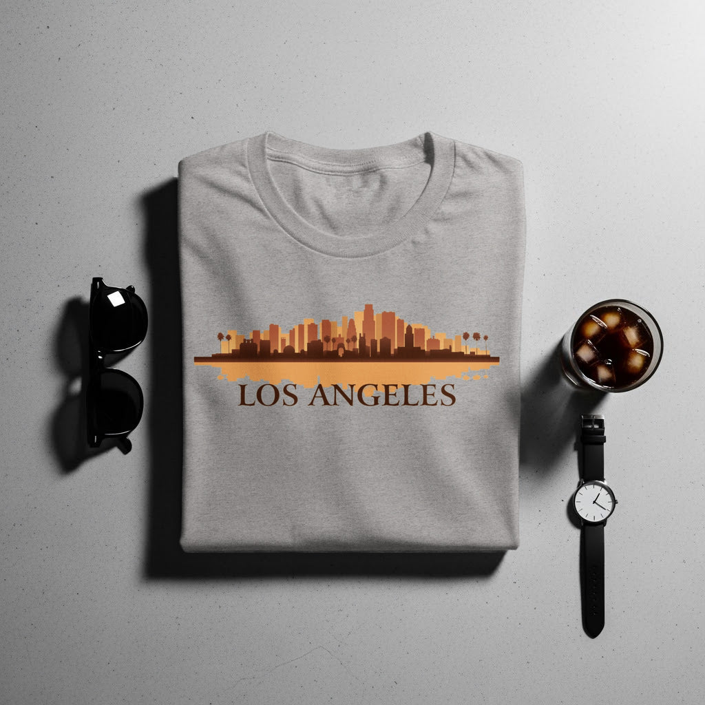 Light grey t-shirt with a Los Angeles skyline graphic and text.