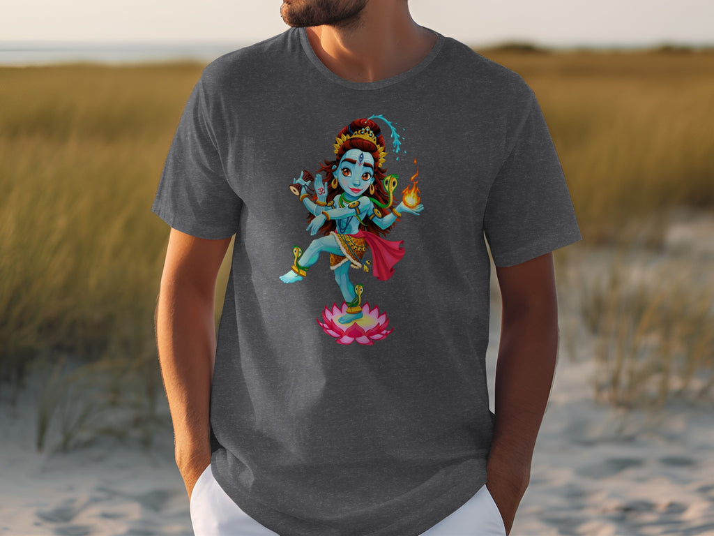 Cartoon Shiva dancing on a lotus with a snake and fire.