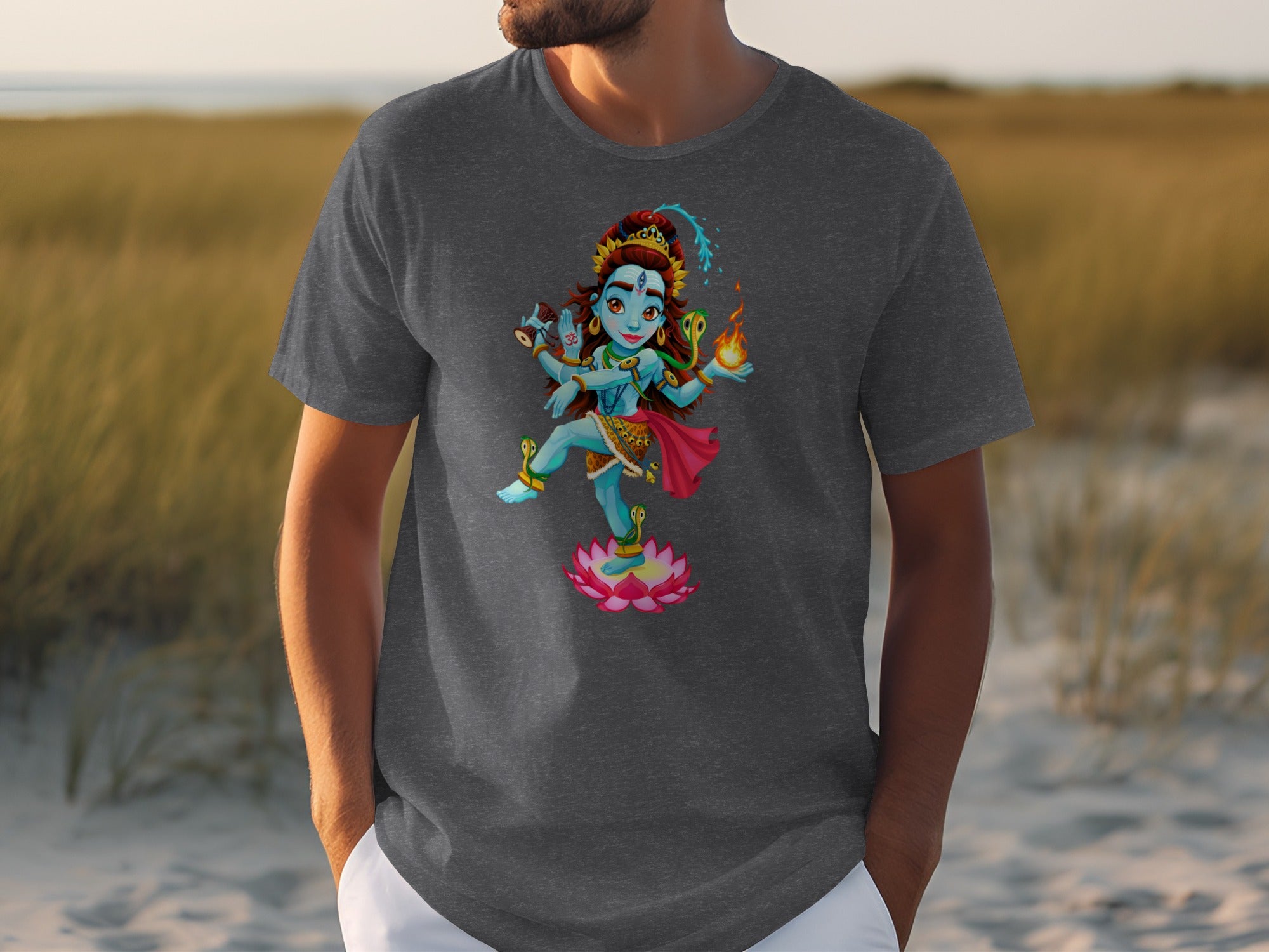 Cartoon Shiva dancing on a lotus with a snake and fire.
