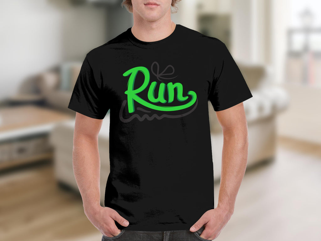 Black t-shirt with neon green "Run" text and abstract design.