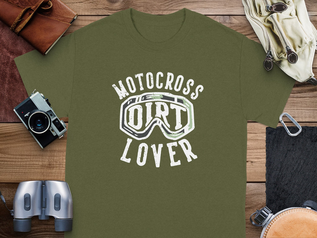 Green t-shirt with "Motorcross Dirt Lover" graphic and ski goggles.