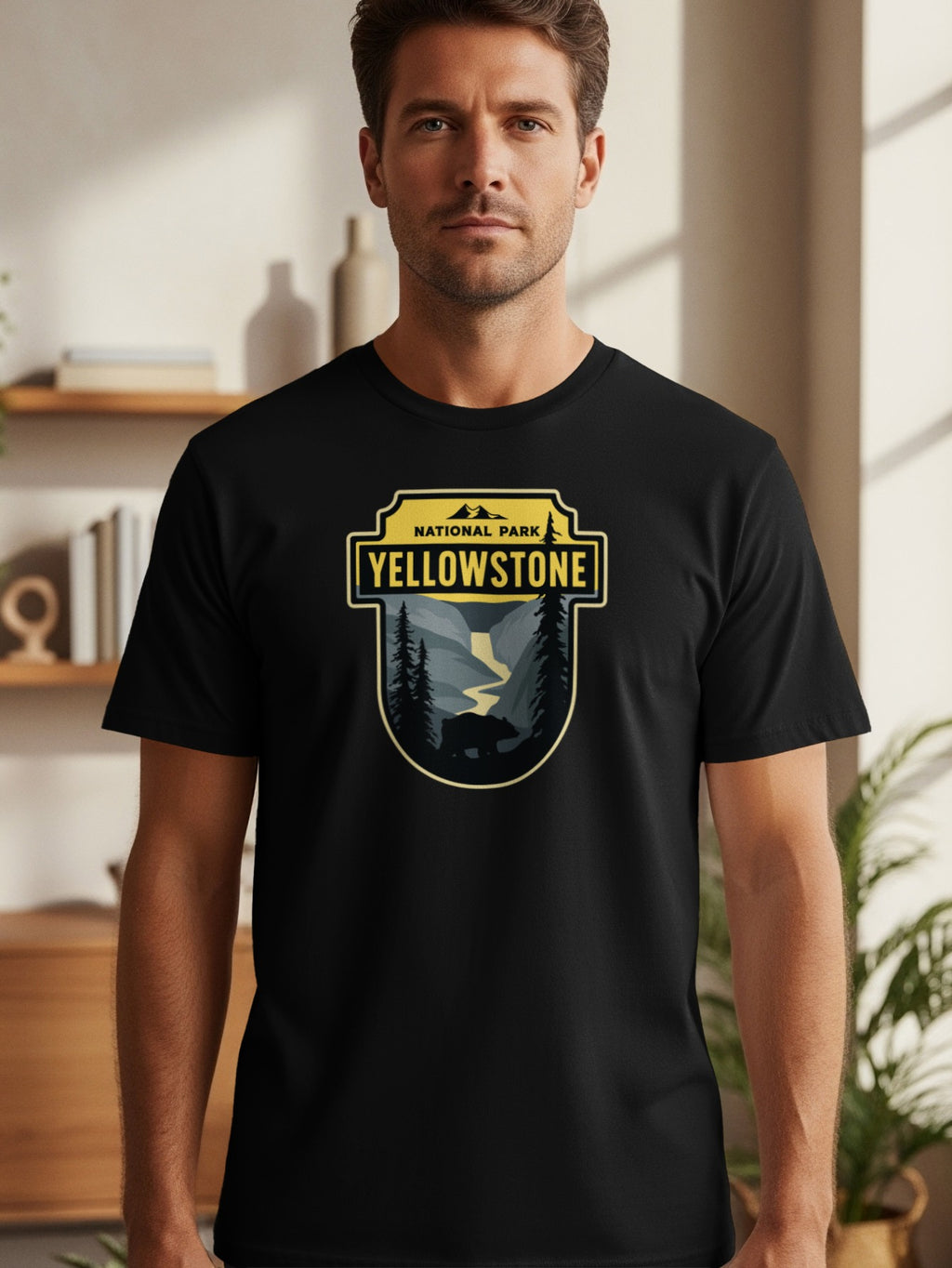 Black t-shirt with Yellowstone National Park bear and mountain graphic.