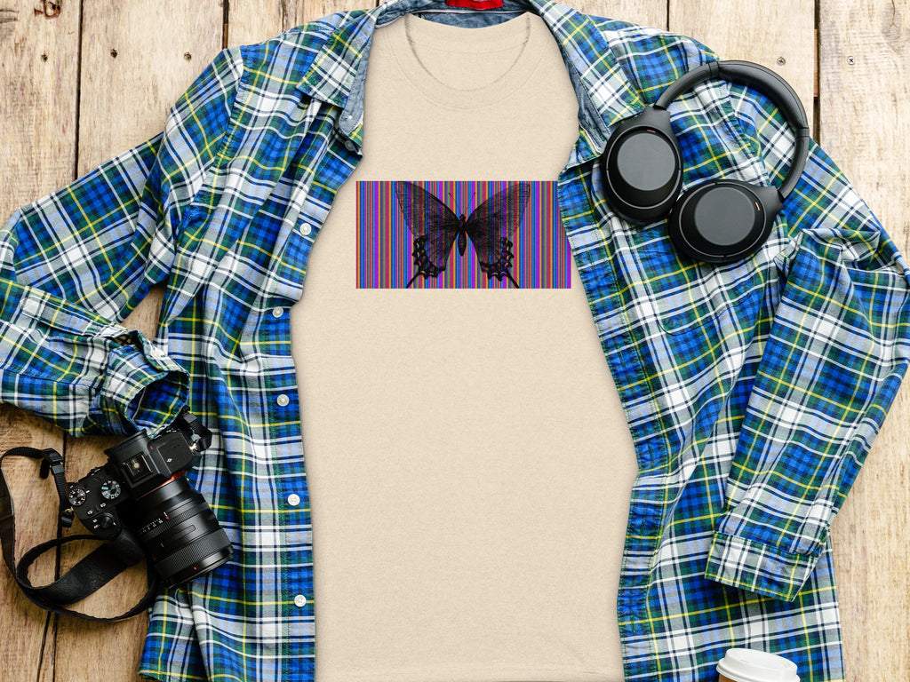Light tan t-shirt with black butterfly graphic on colorful stripes.