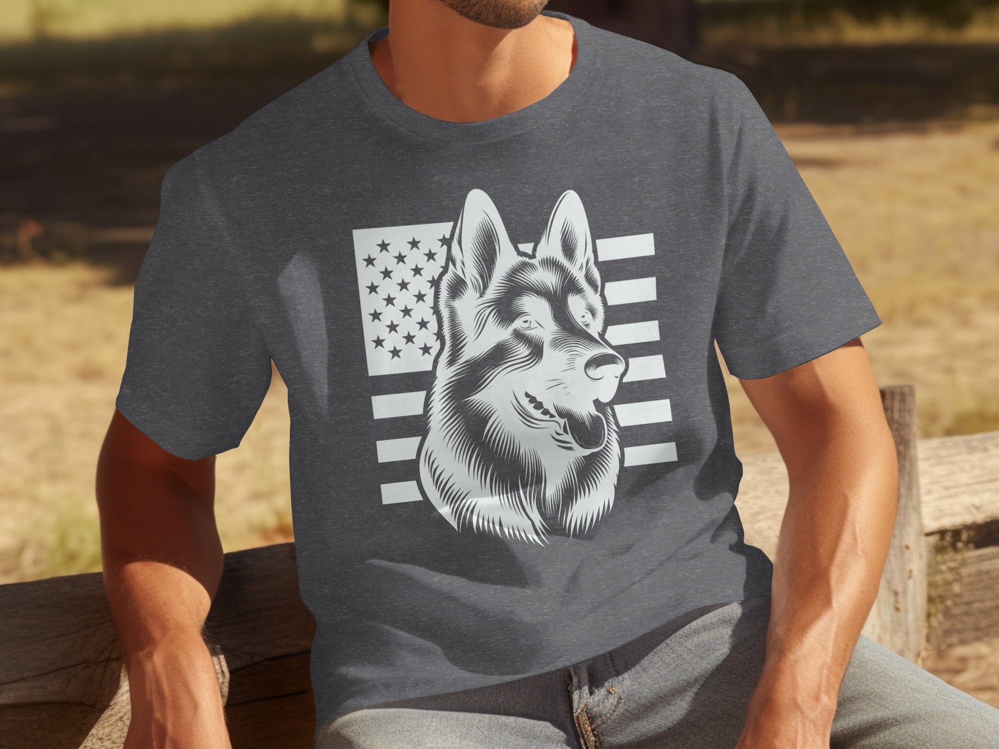 Dark grey t-shirt with a white graphic of a dog's head and an American flag.