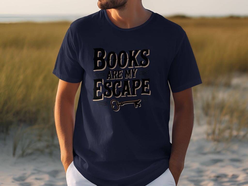 Navy t-shirt with "Books Are My Escape" graphic and a key design.