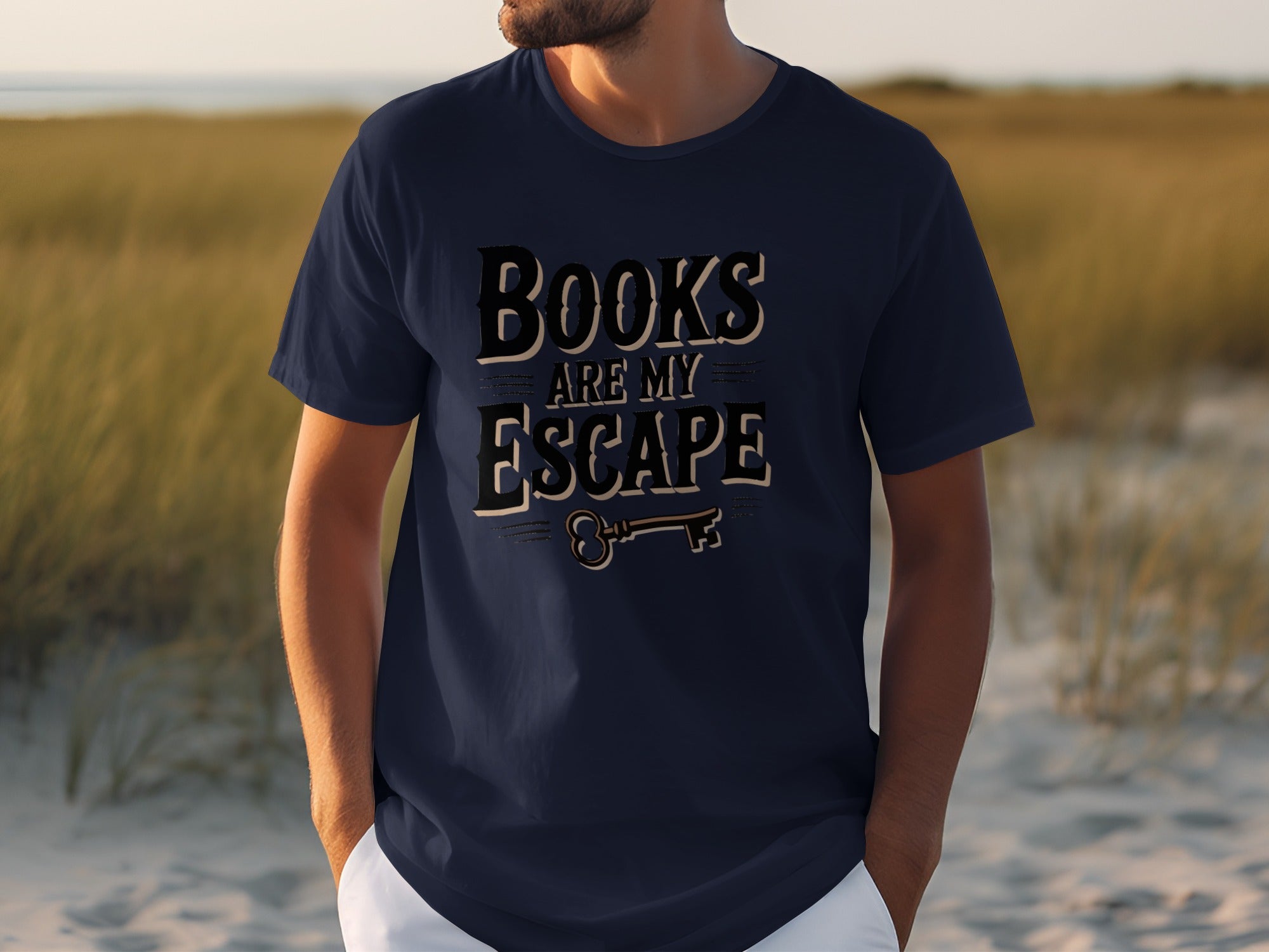 Navy t-shirt with "Books Are My Escape" graphic and a key design.