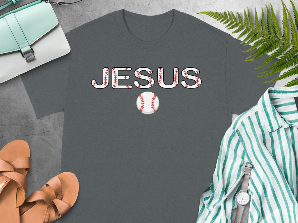 Gray t-shirt with "JESUS" in baseball stitch lettering and a baseball.