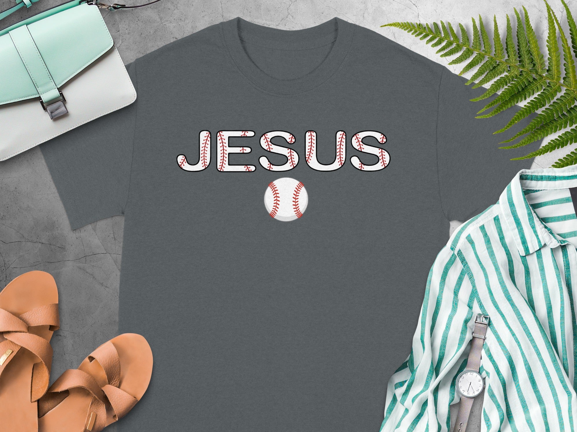 Gray t-shirt with "JESUS" in baseball stitch lettering and a baseball.
