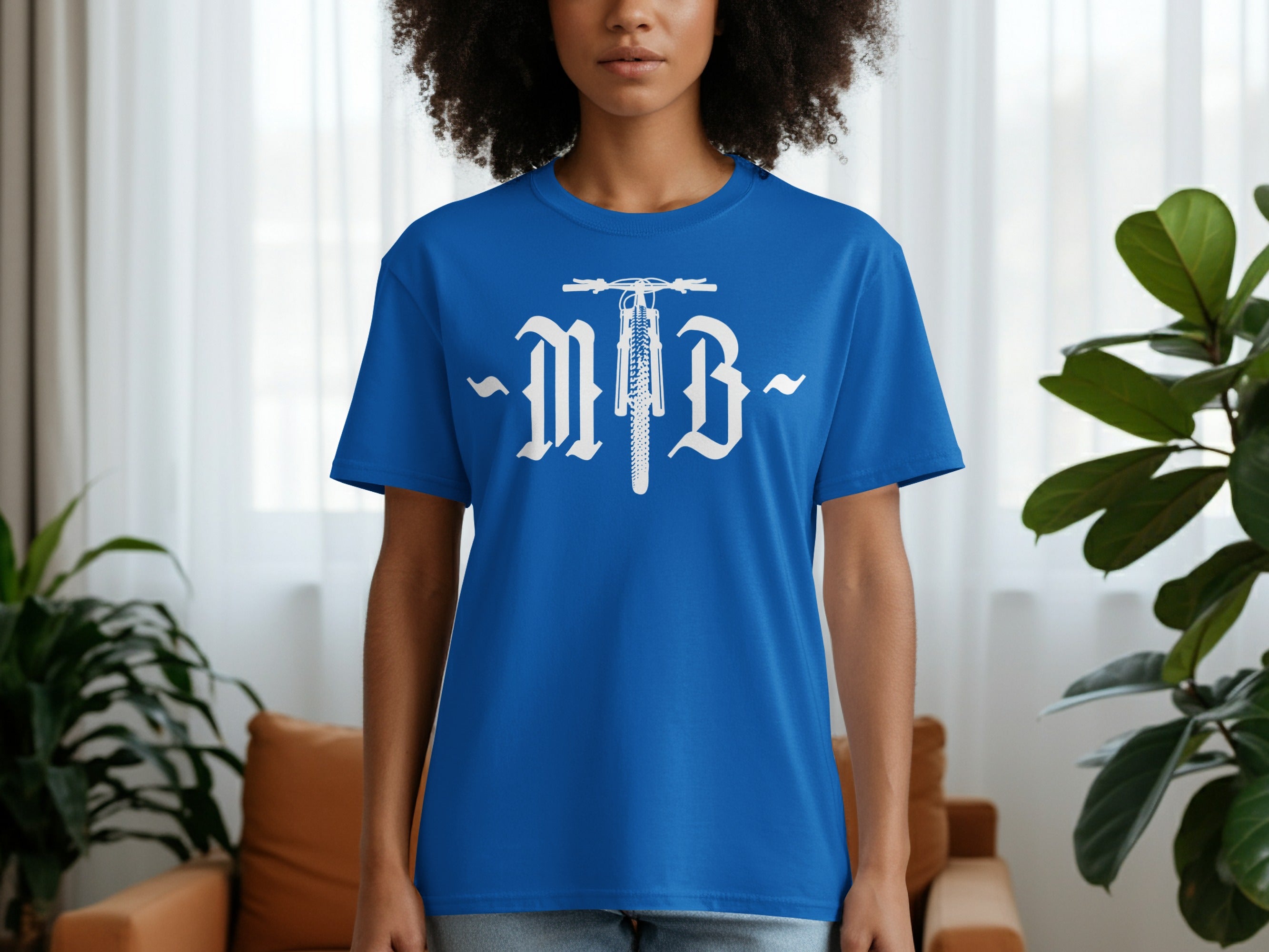 Royal blue t-shirt with white gothic "MTB" and bicycle graphic.