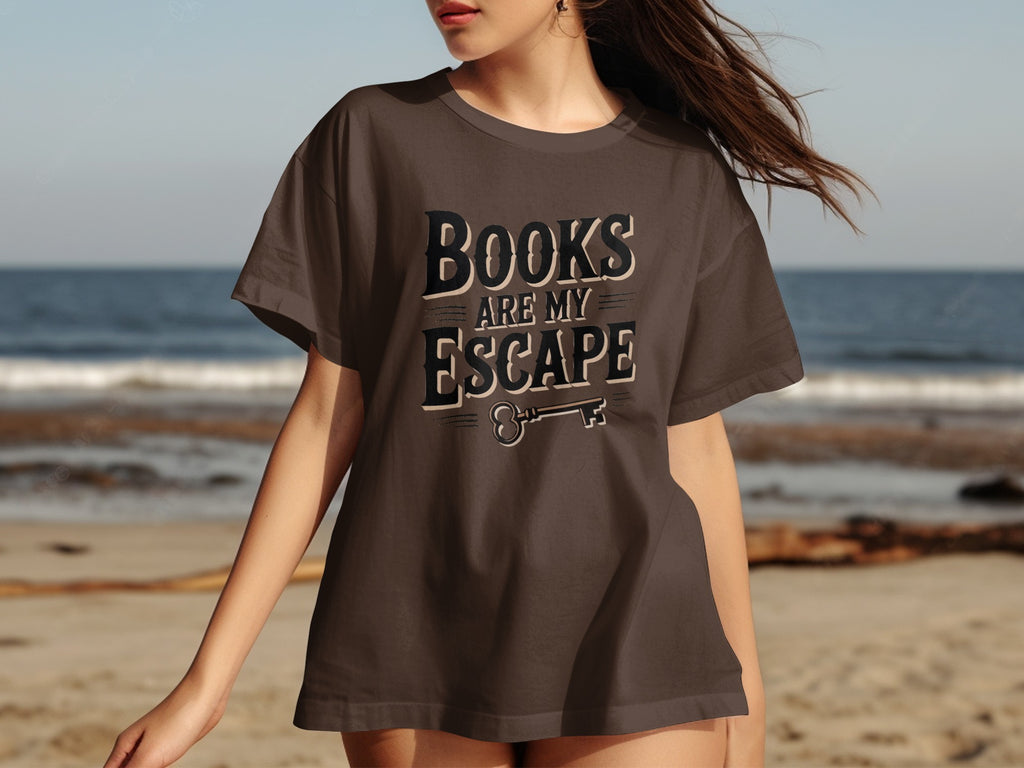 Brown t-shirt with "BOOKS ARE MY ESCAPE" text and a key graphic.