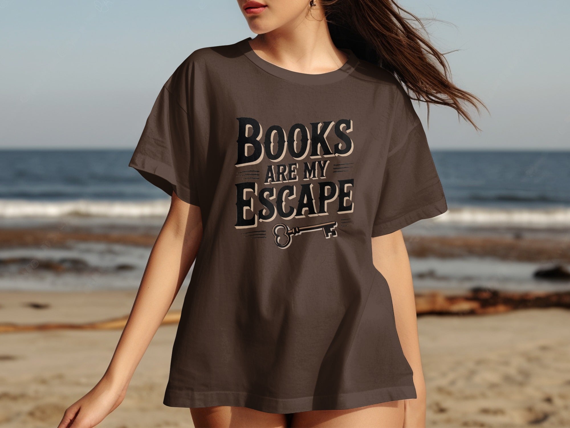 Brown t-shirt with "BOOKS ARE MY ESCAPE" text and a key graphic.