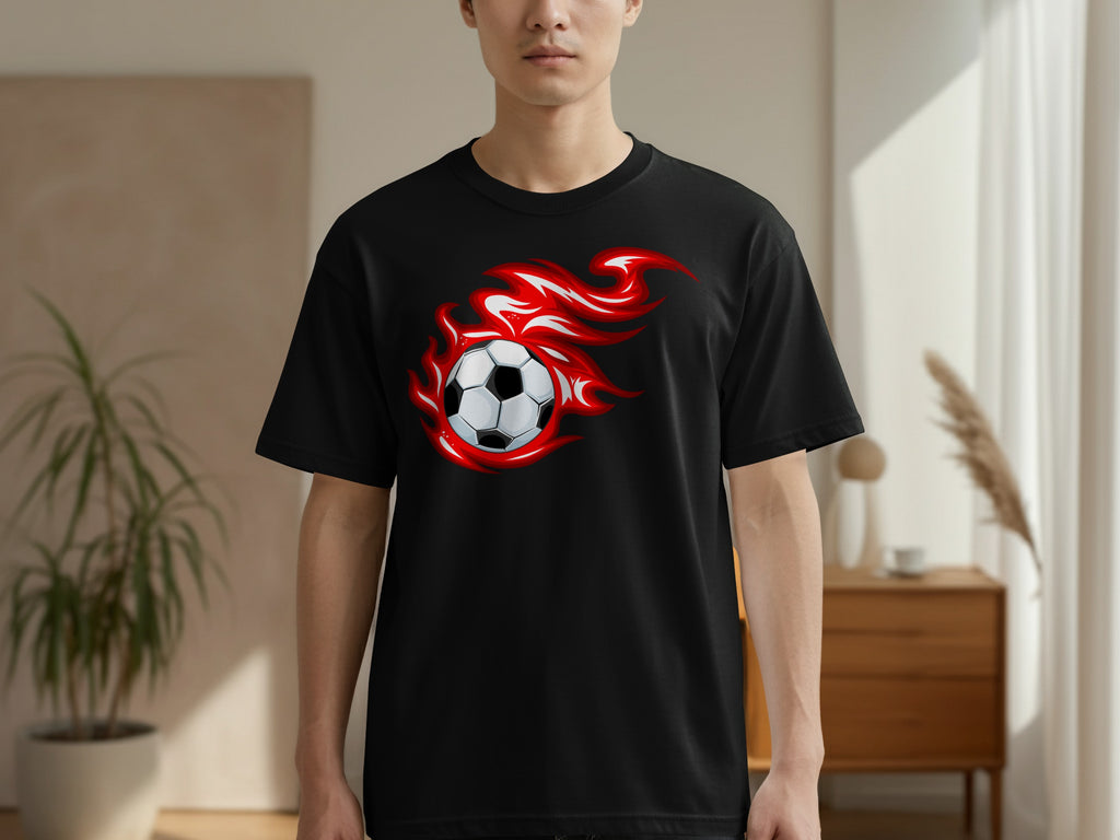 Black t-shirt with animated fiery soccer ball graphic on the front.