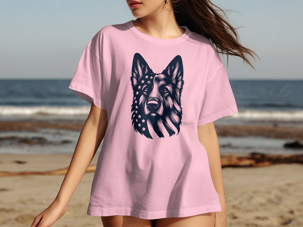 German Shepherd dog graphic with stars and stripes on a pink t-shirt.