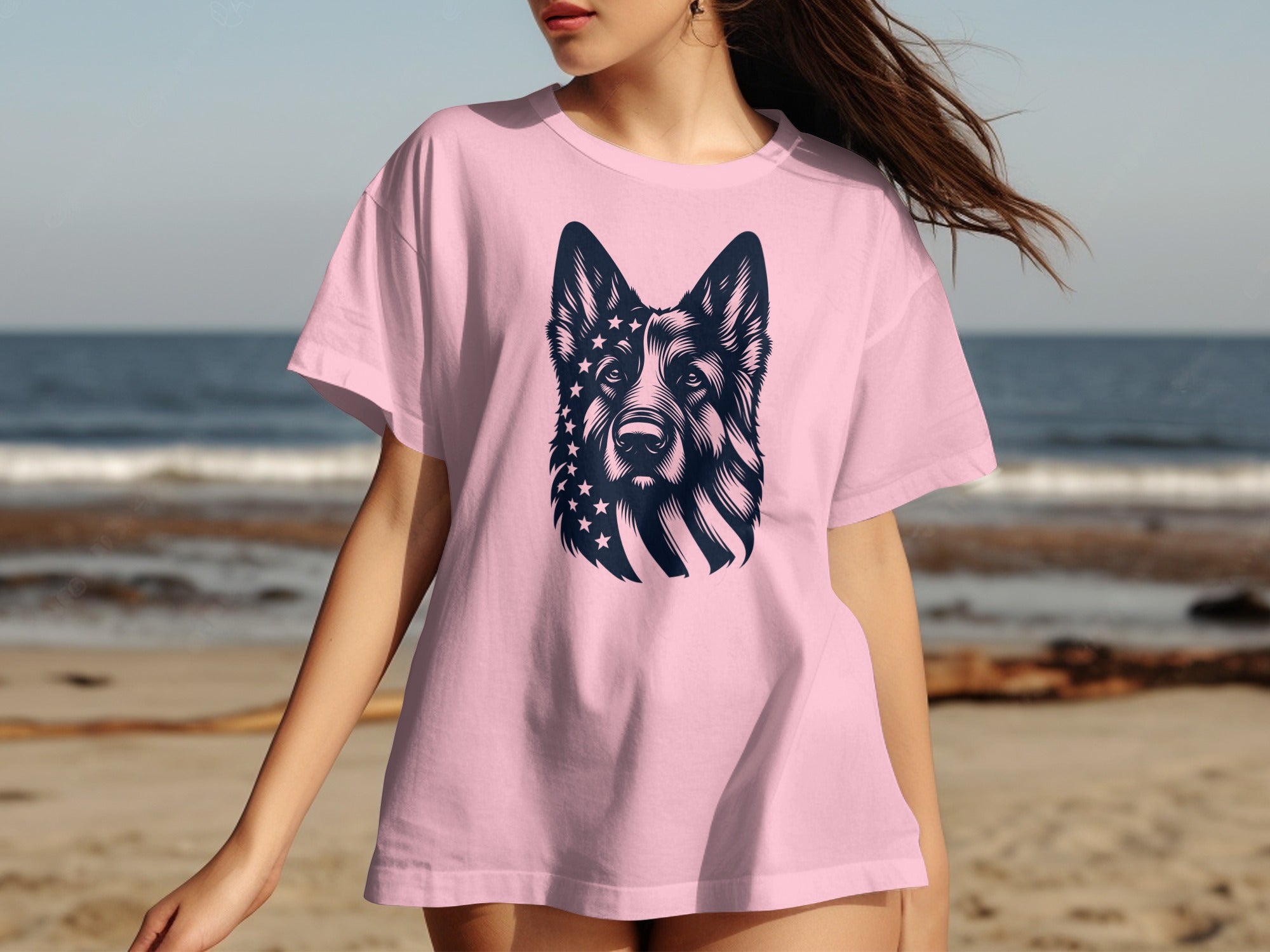 German Shepherd dog graphic with stars and stripes on a pink t-shirt.
