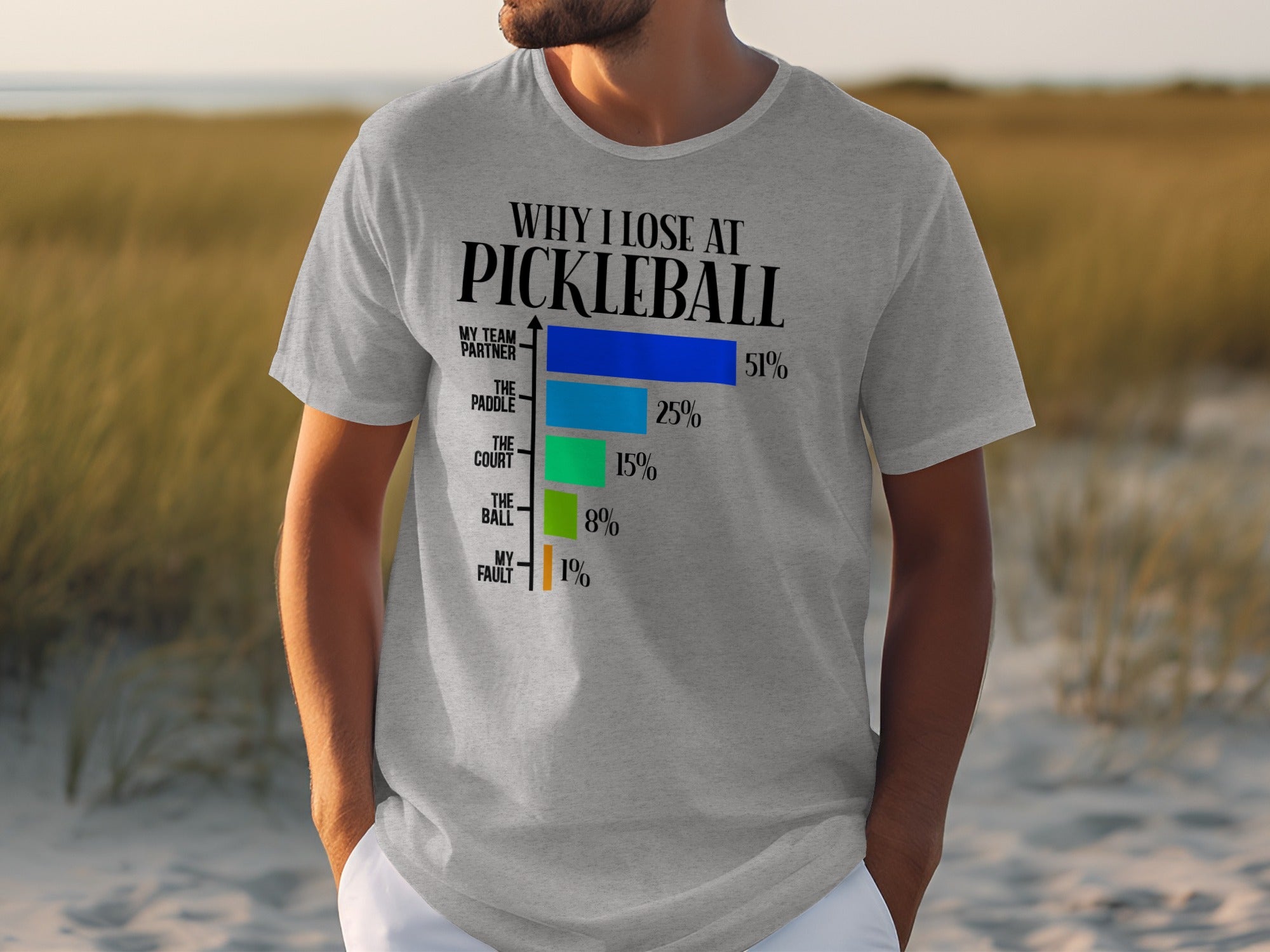Grey t-shirt with "Why I Lose at Pickleball" text and a bar chart.