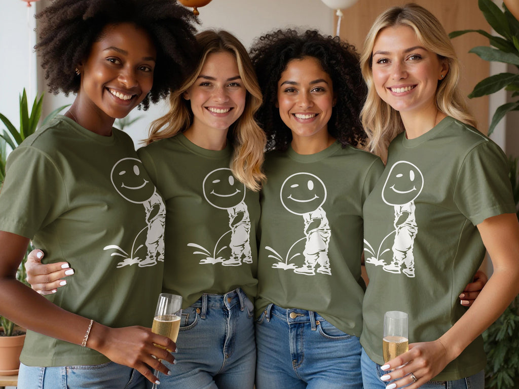 Four women in olive green t-shirts with a white graphic of a peeing character and smiley face.