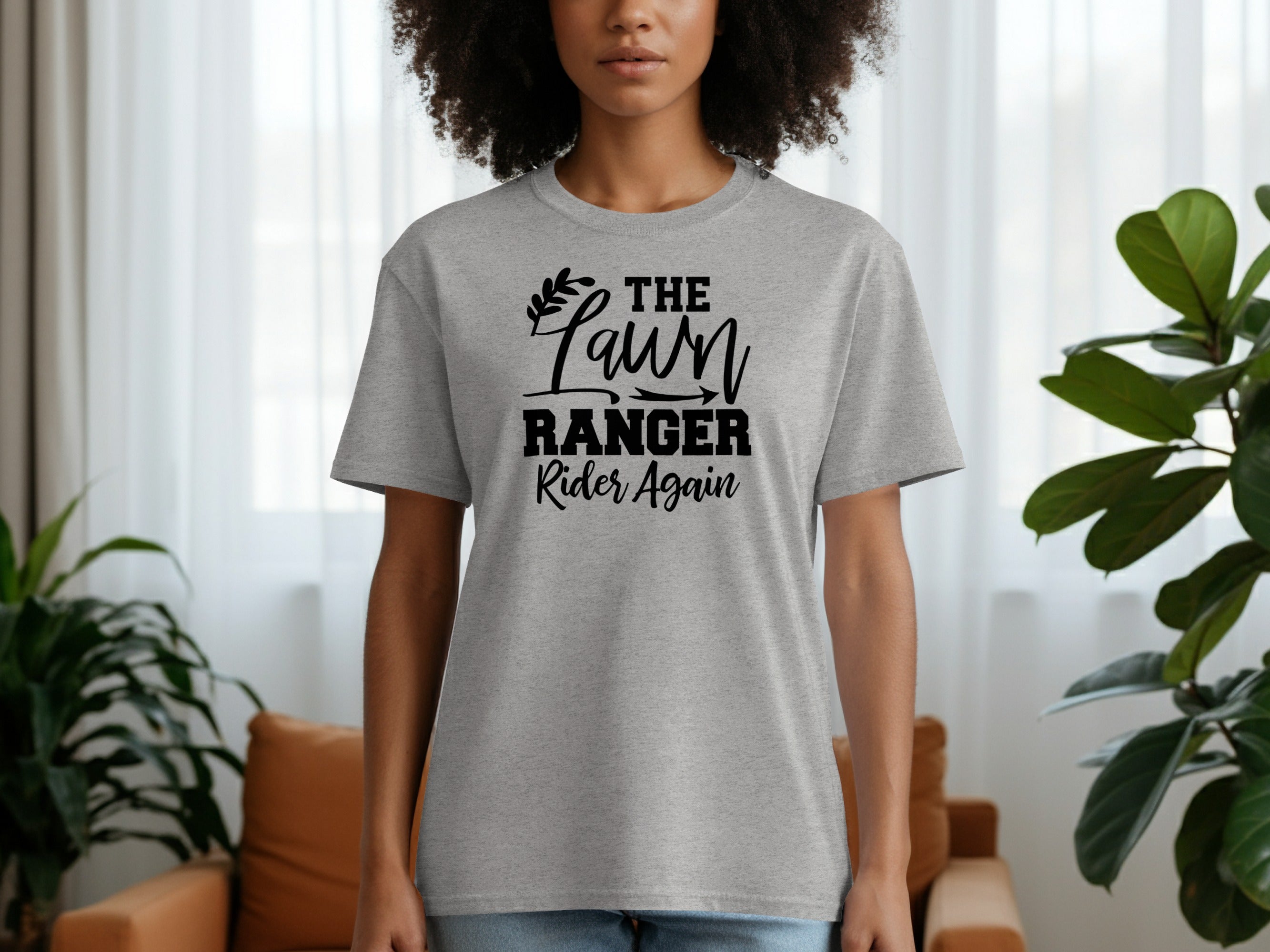 Grey t-shirt with black text "THE Lawn Ranger Rider Again"
