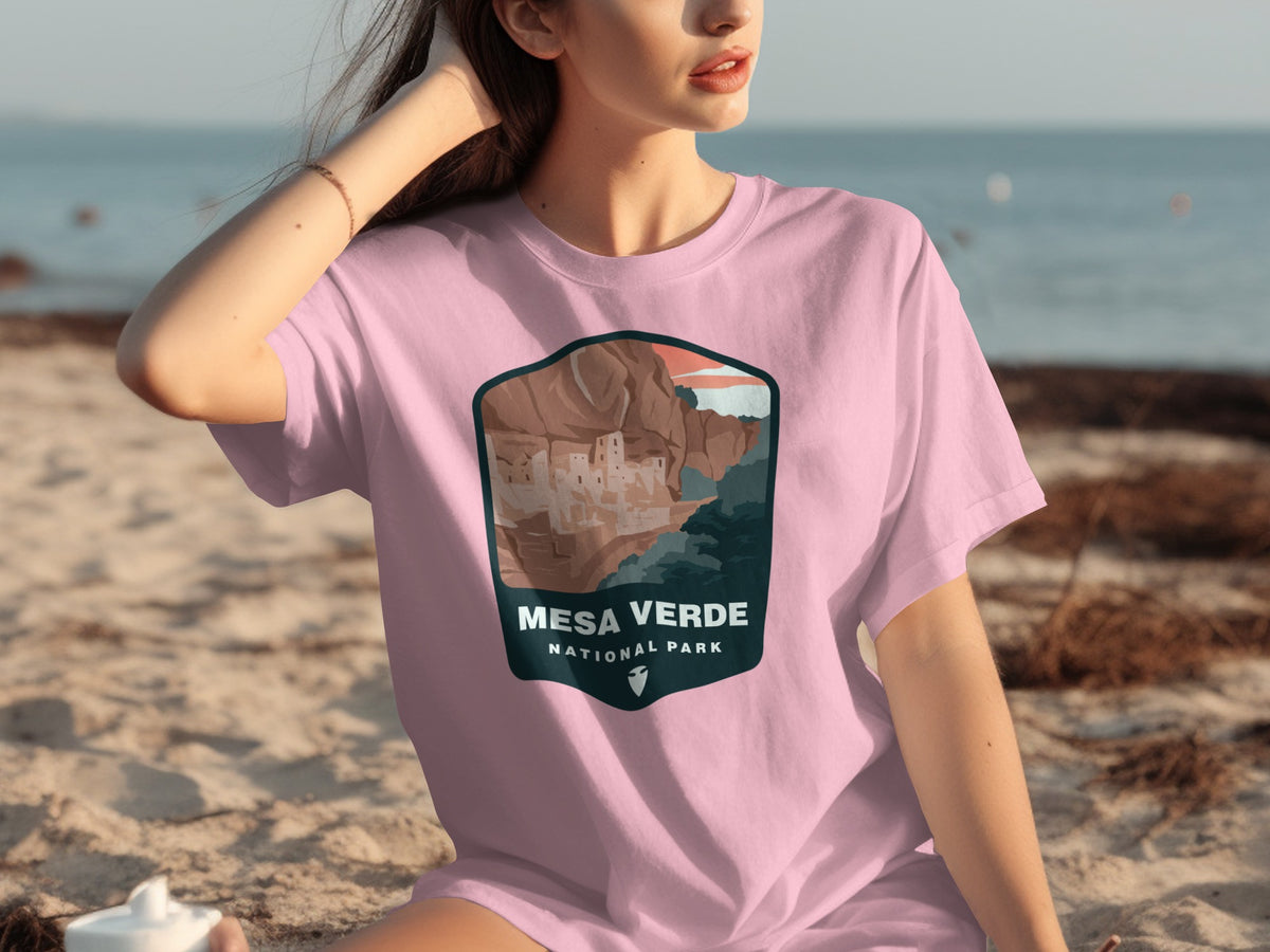Pink t-shirt with Mesa Verde National Park graphic featuring cliff dwellings