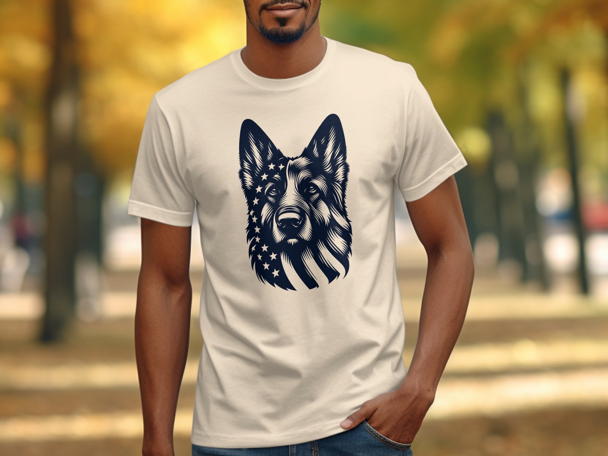 Cream t-shirt with a dark blue German Shepherd dog head featuring US flag details printed on it.