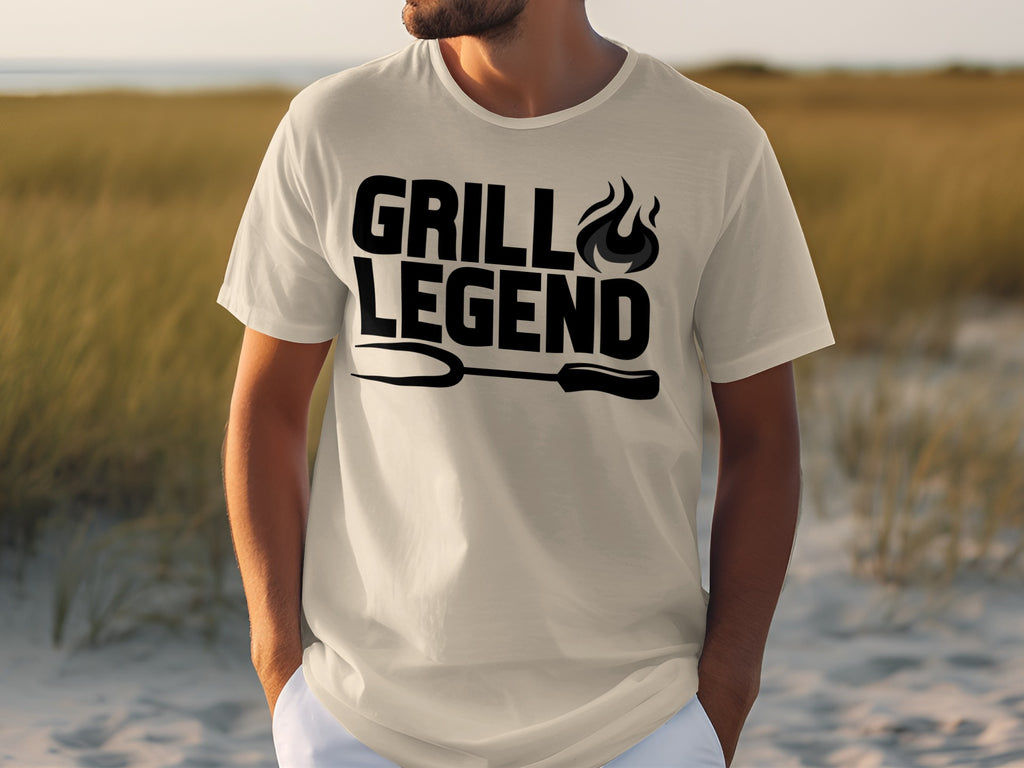 T-shirt with "Grill Legend" text, flames, and grilling fork graphic.