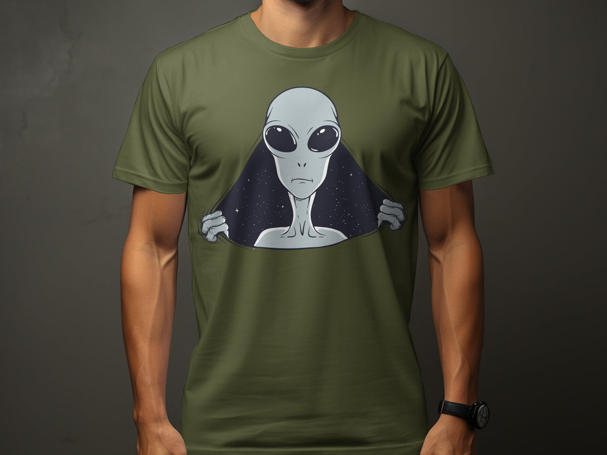 Green t-shirt with a grey alien peeking through a starry night background.