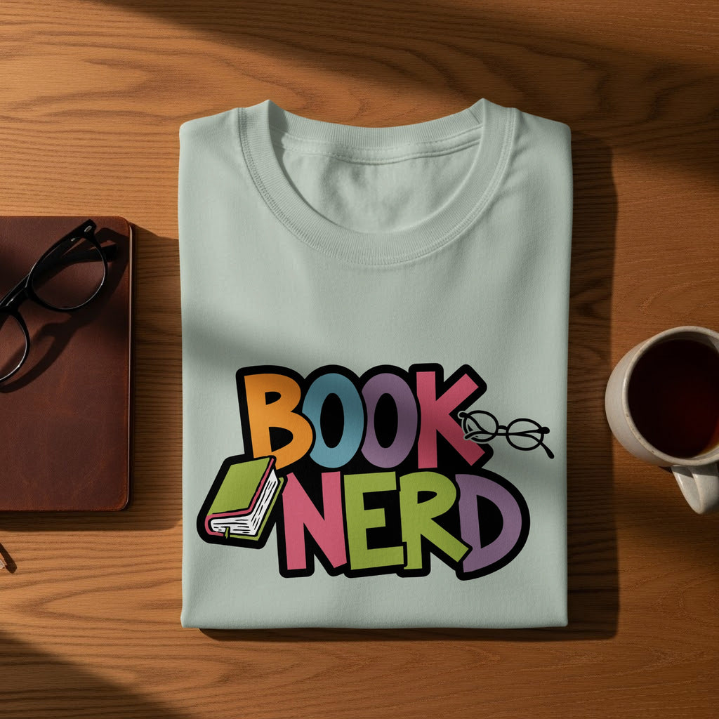 Light blue t-shirt with colorful "BOOK NERD" text and graphics.