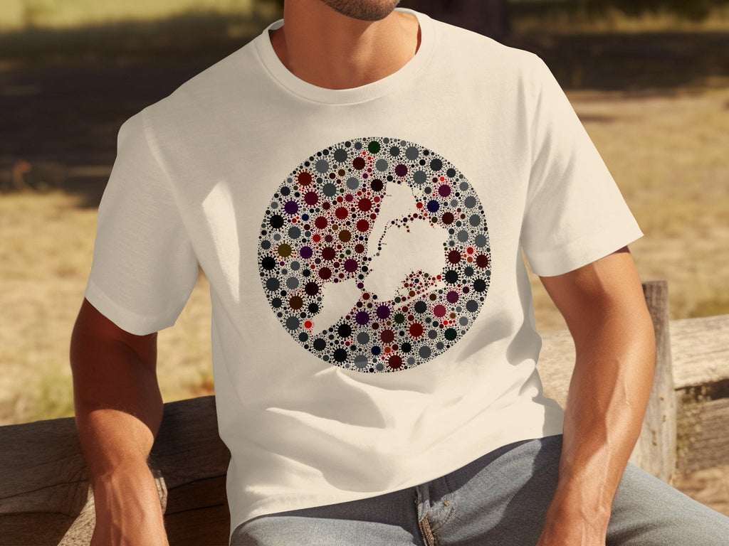 Cream t-shirt with a circular design of various colored virus particles forming outlines of continents.