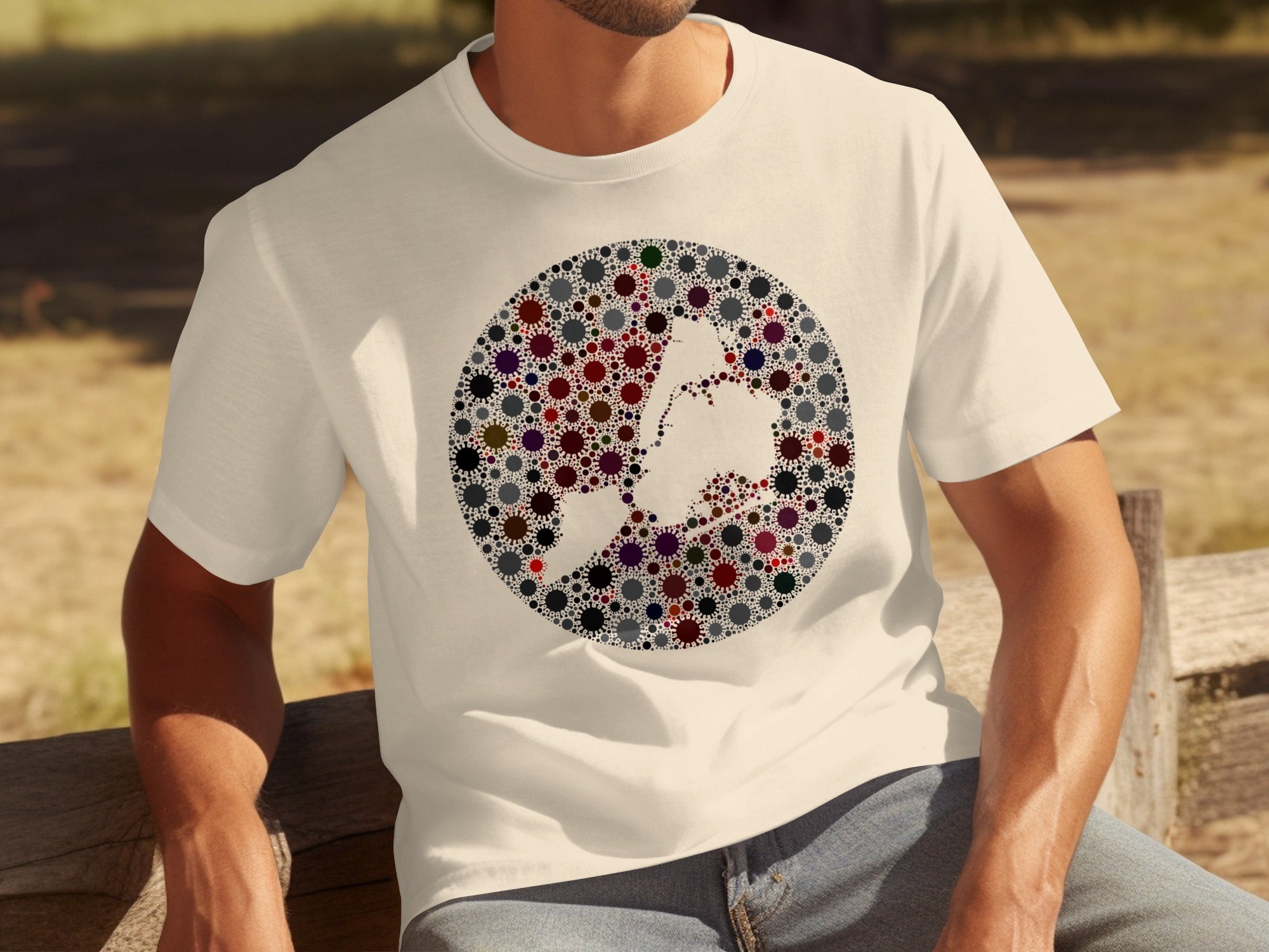 Cream t-shirt with a circular design of various colored virus particles forming outlines of continents.