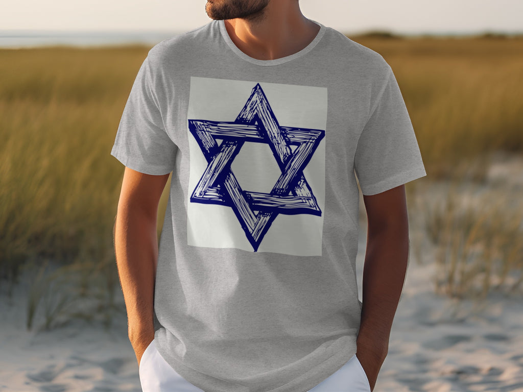 Grey t-shirt featuring a blue, sketched Star of David design on a white square.