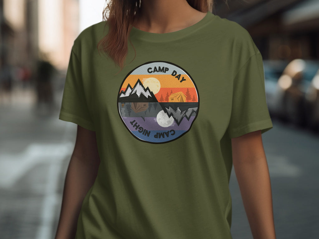 Olive green t-shirt with circular "Camp Day" and "Camp Night" design.