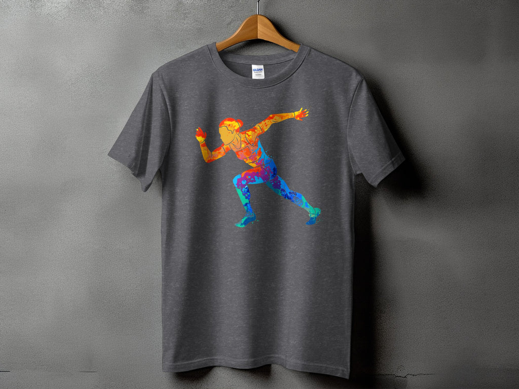 Gray t-shirt with watercolor runner graphic in vibrant colors.