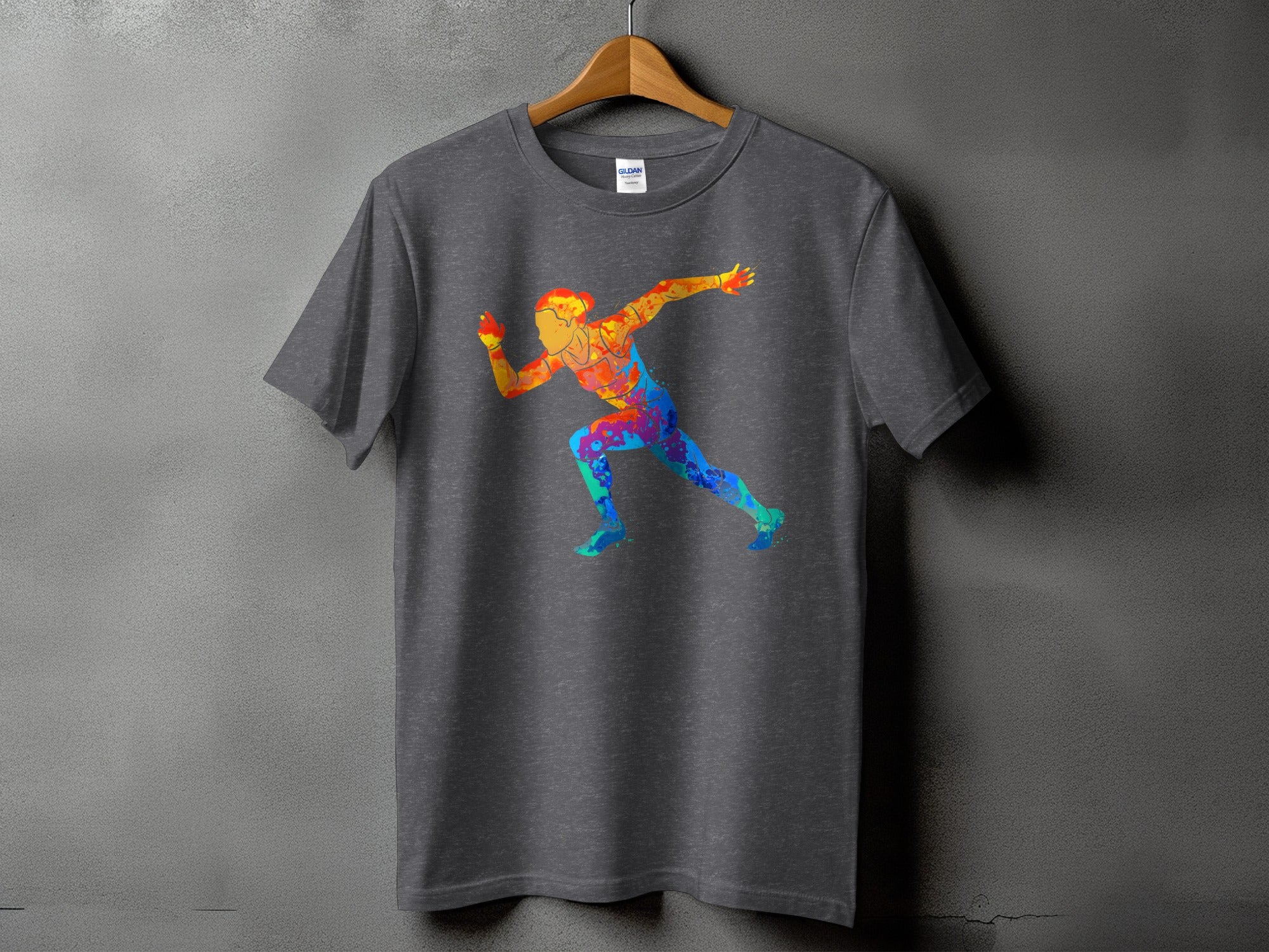 Gray t-shirt with watercolor runner graphic in vibrant colors.