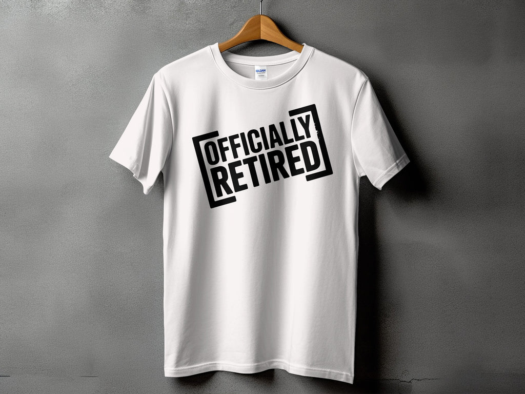 White t-shirt with "OFFICIALLY RETIRED" text in black rectangular outline.