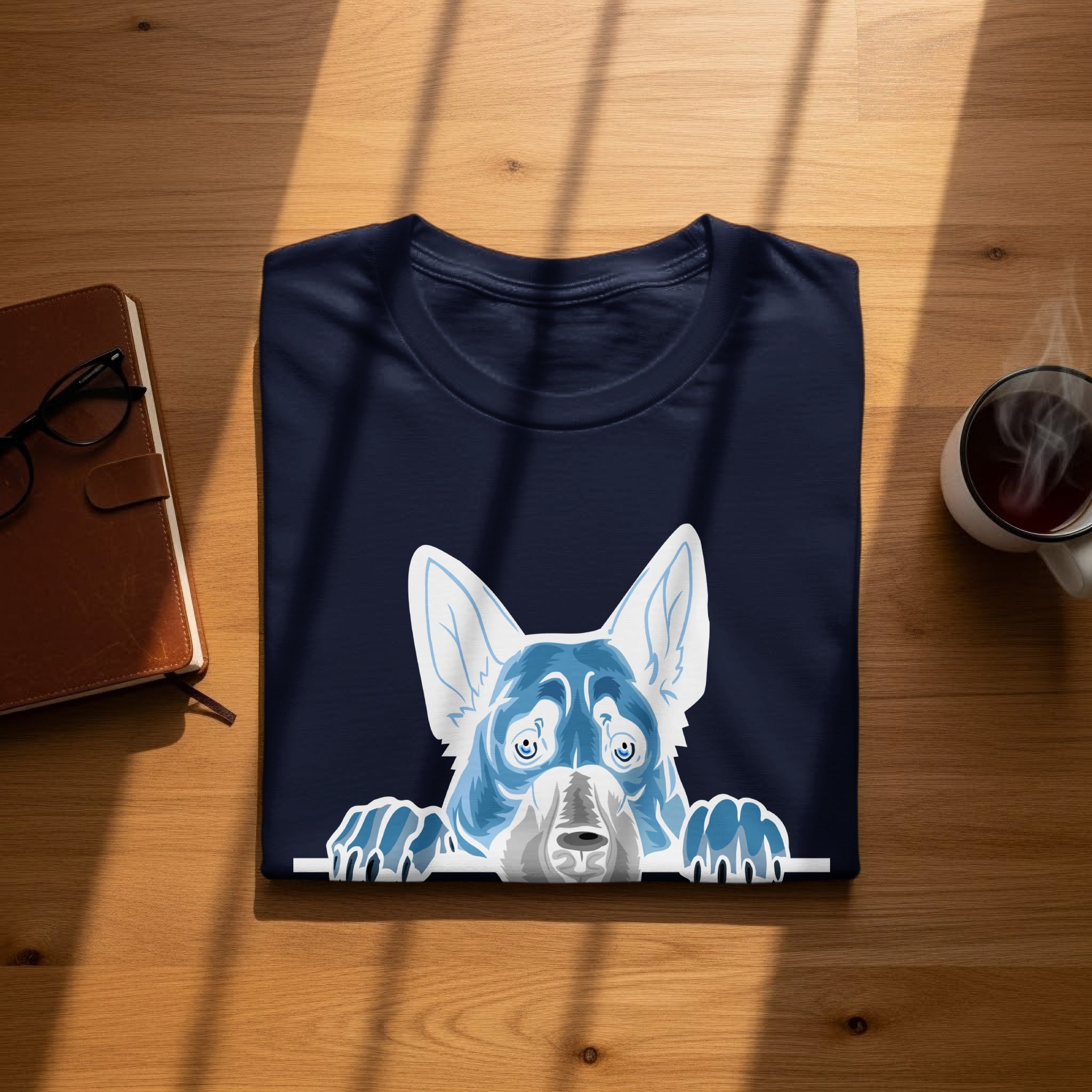 Navy t-shirt with blue and white illustrated dog poking over the hem.