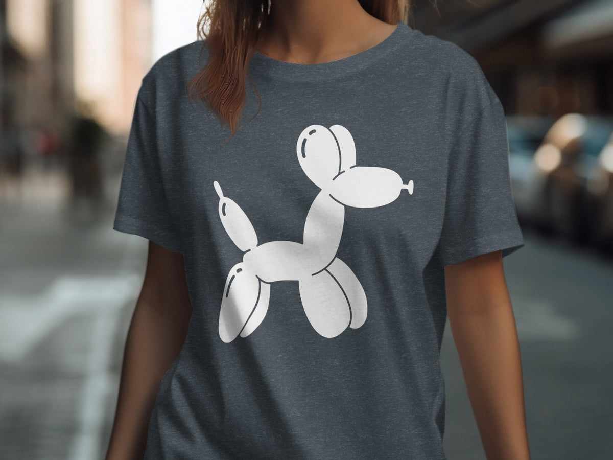 Dark grey t-shirt with a white balloon dog graphic on the front.