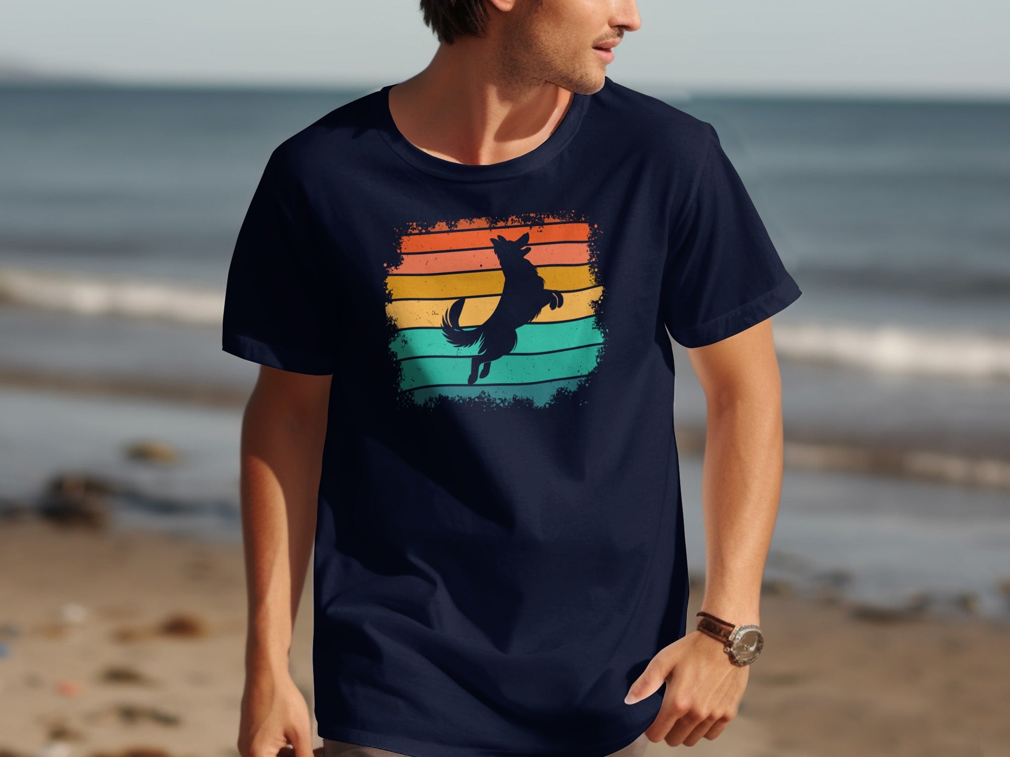 Navy t-shirt with a leaping dog silhouette on a distressed retro striped background.