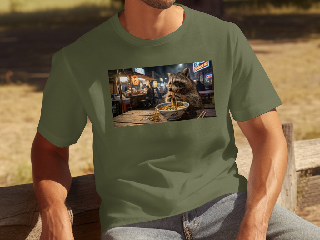 Raccoon eating ramen at a nighttime street food stall with neon signs.