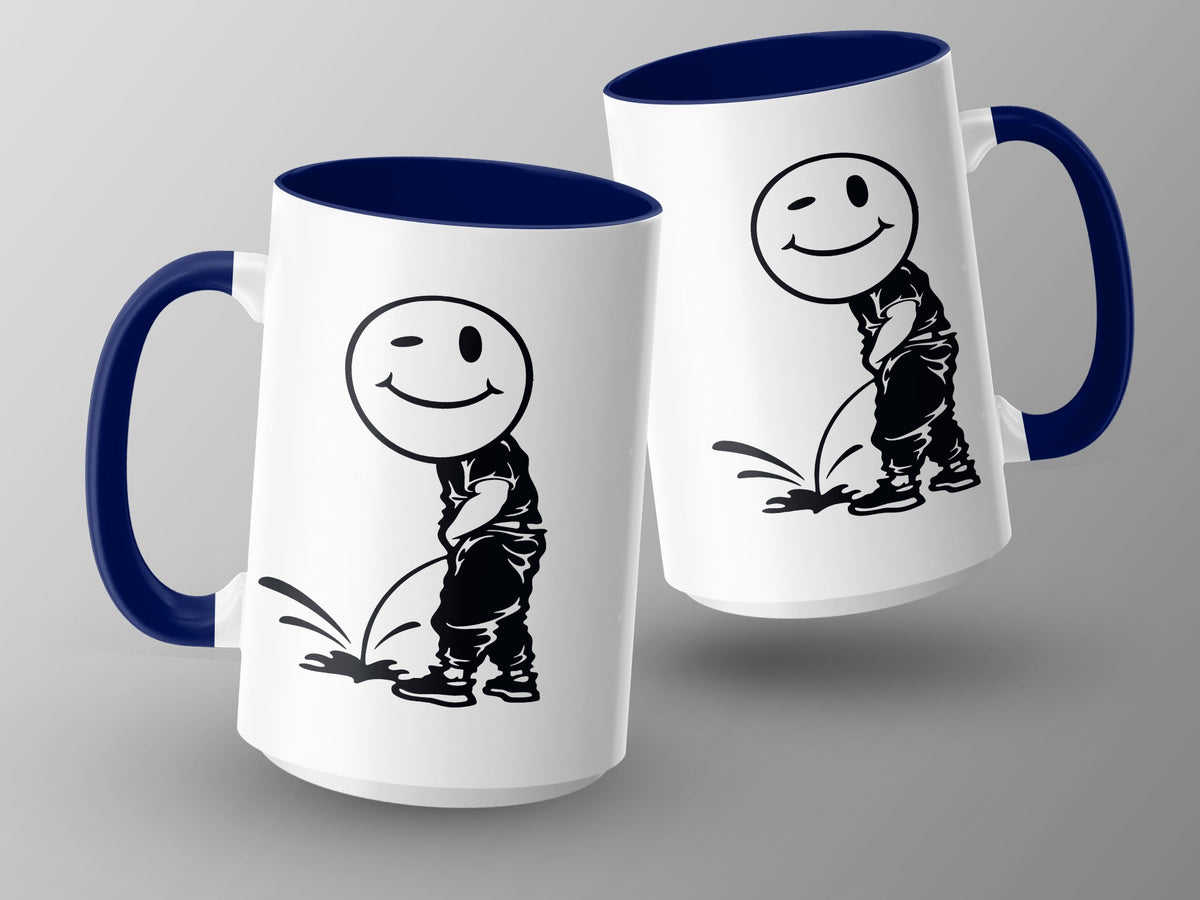 White mugs with navy handles and a black graphic of a winking smiley face character urinating.