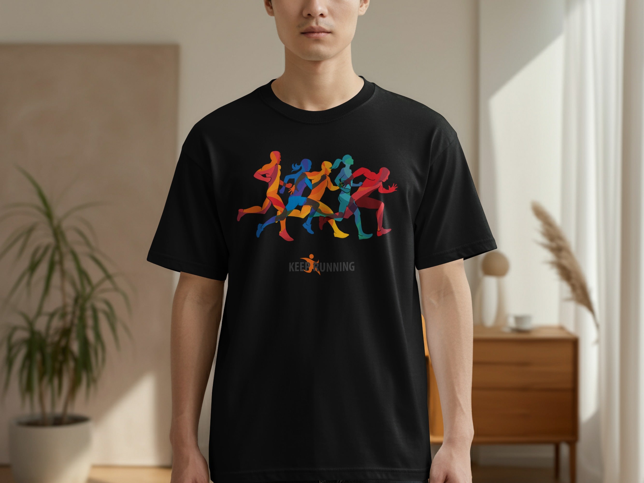 Black t-shirt with colorful running figures and "KEEP RUNNING" text.