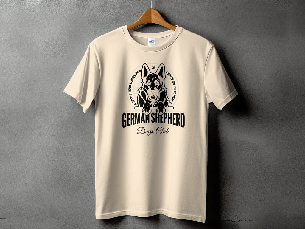 Cream t-shirt with German Shepherd Dogs Club graphic featuring a dog's head and text.