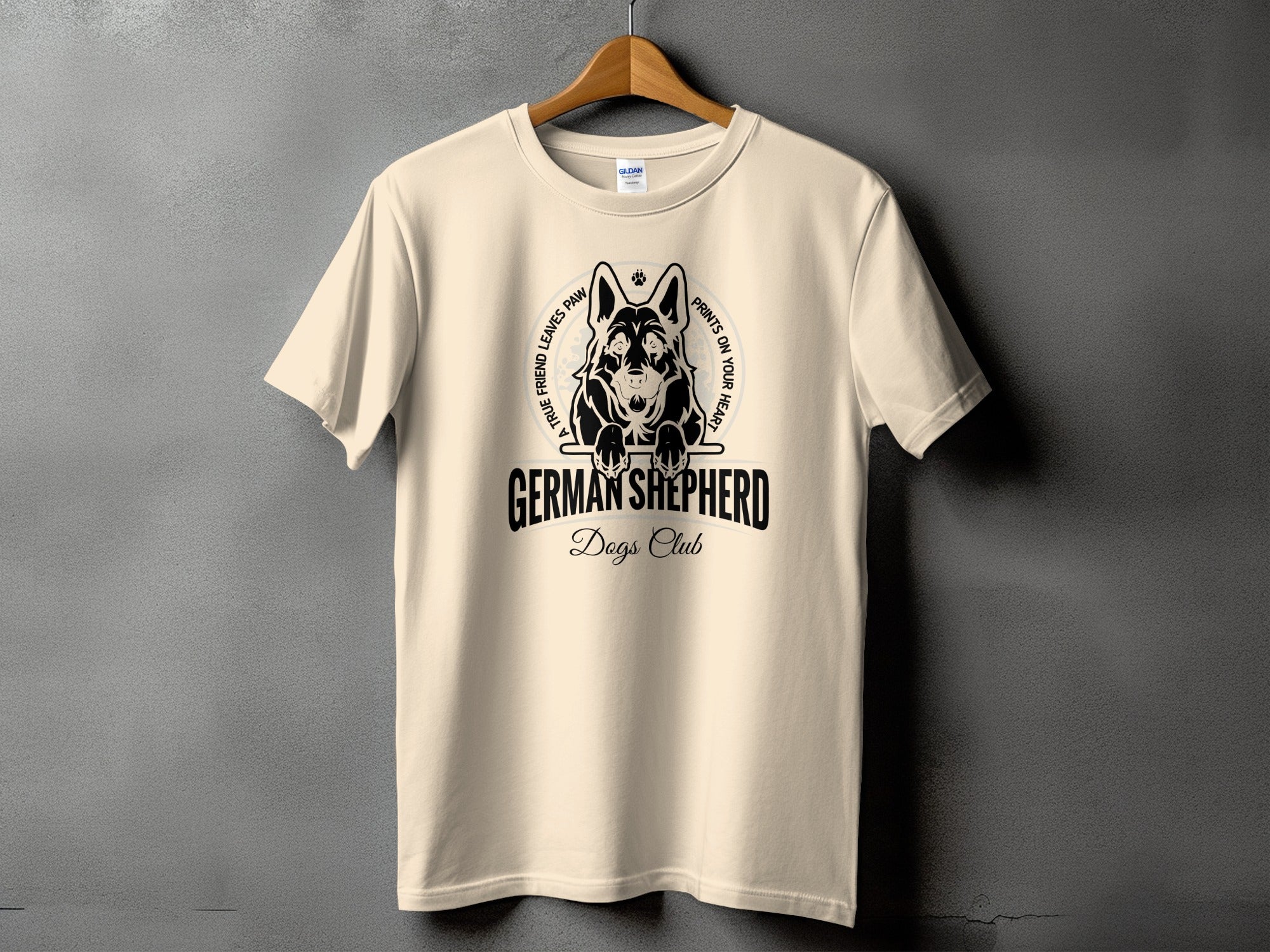 Cream t-shirt with German Shepherd Dogs Club graphic featuring a dog's head and text.